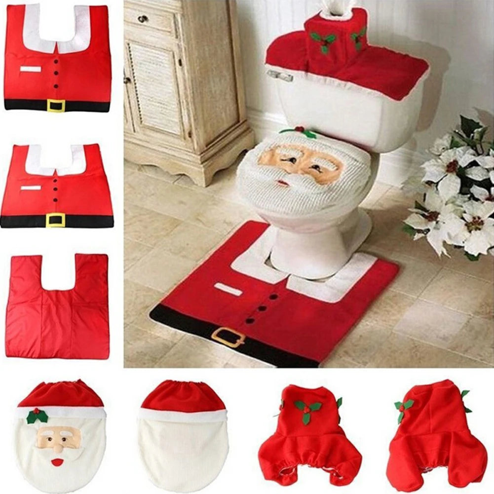 Christmas Toilet Set - 3-Piece Design with Santa - Fun Bathroom Decor with Mat & Tank Cover - Holiday Decoration 2024