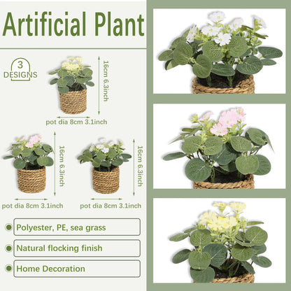 Mini Artificial Eucalyptus with Flowers | 11 cm | Includes Woven Basket | Easy-Care Indoor Decoration