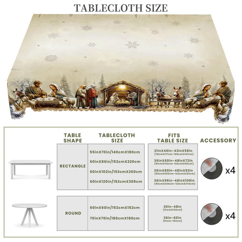 Christmas Tablecloth with Nativity Scene | Round and Rectangular | Easy Care and Wipeable Indoor/Outdoor Decoration