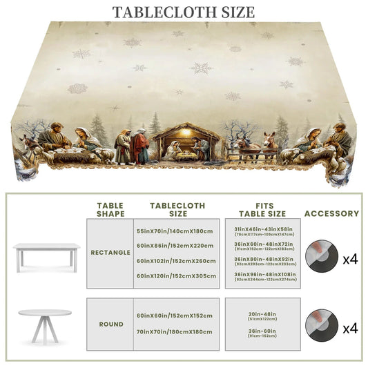 Christmas Tablecloth with Nativity Scene | Round and Rectangular | Easy Care and Wipeable Indoor/Outdoor Decoration