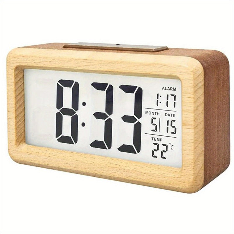 Alarm Clock with Wooden Design – Calendar and Temperature Indicator