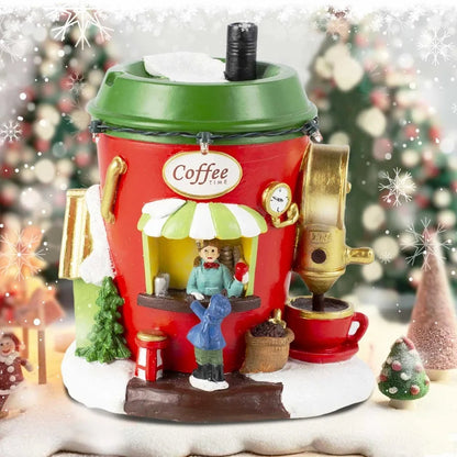North Pole Coffee House Christmas Village with LED Lights and Figures | Handmade Resin Decorative House | Battery Operated 5.1×3.9×6.1 inches