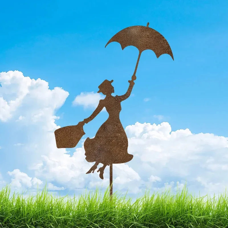 Metal Garden Sculpture of Woman with Umbrella | Weatherproof Outdoor Décor