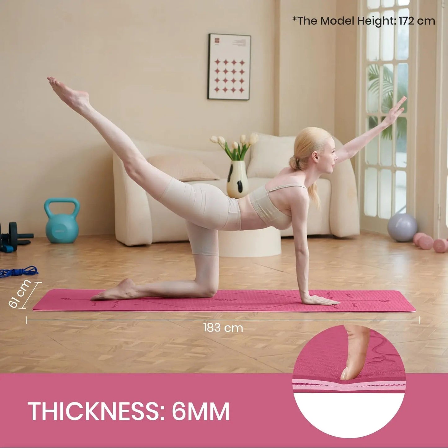 Non-Slip Pilates and Fitness Mat | Skin-Friendly TPE | 183 × 61 × 0.6 cm | With Alignment Lines