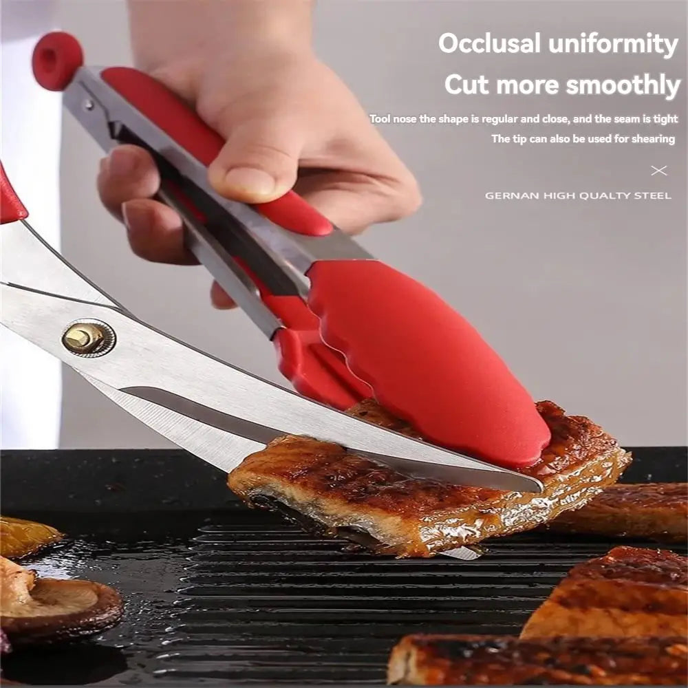 Stainless Steel BBQ Scissors and Food Clip Set | Kitchen & Grill Tools | Silicone Handle | 24×8.7 cm & 27×3.5 cm