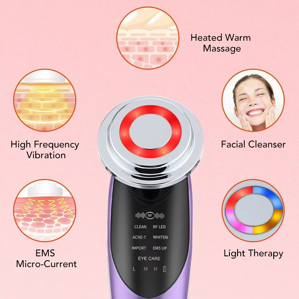 7-in-1 Facial Massager with EMS & RF Microcurrent | LED Light Therapy Anti-Aging Device