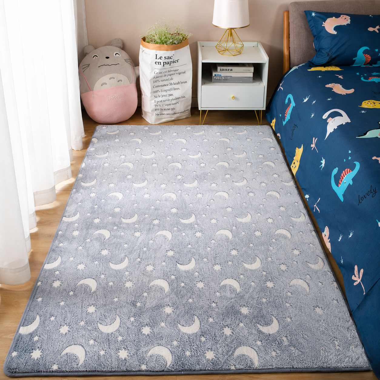 Glow in the Dark Area Rug for Children – Moon and Star Pattern