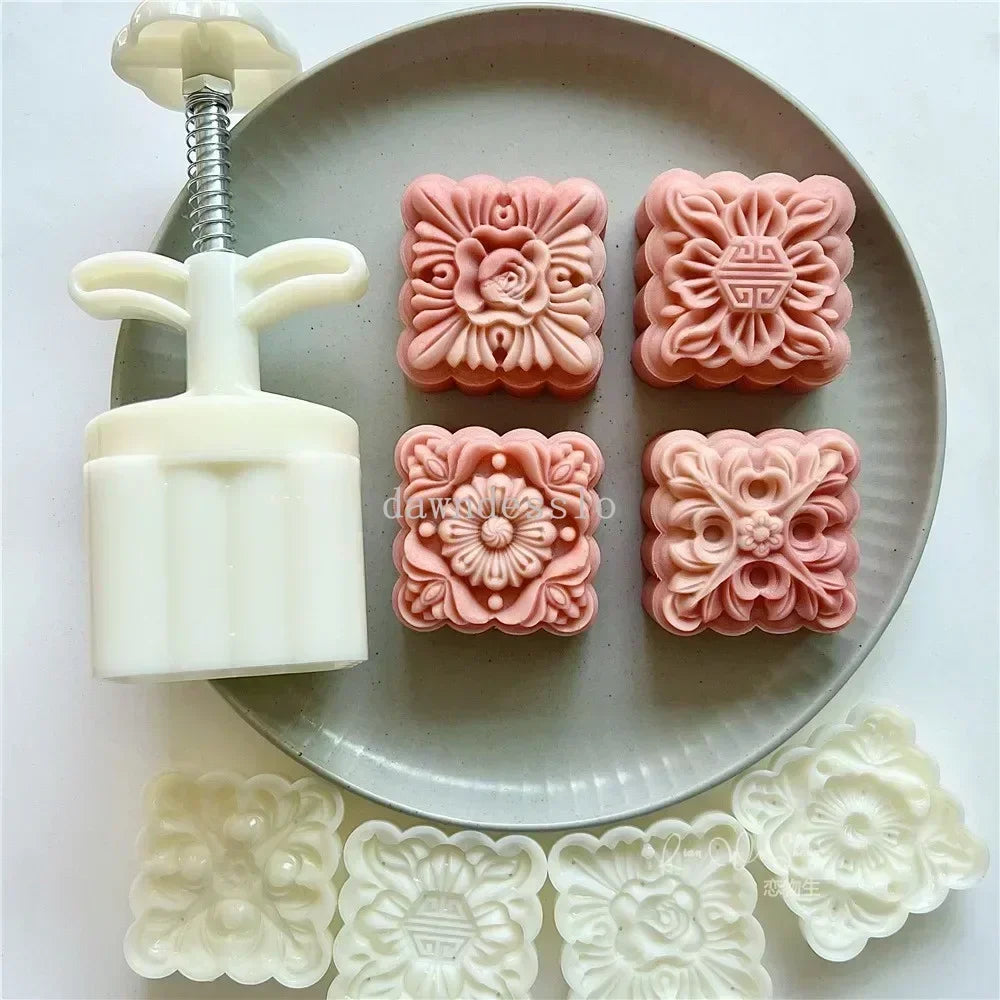 Set of 4 Moon Cake Molds - Floral Shaped Baking Forms for 75g Pastries