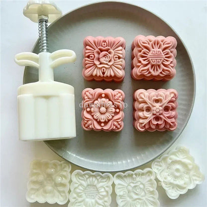Set of 4 Moon Cake Molds - Floral Shaped Baking Forms for 75g Pastries
