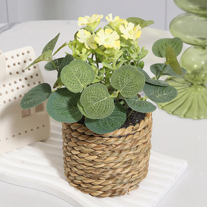 Mini Artificial Eucalyptus with Flowers | 11 cm | Includes Woven Basket | Easy-Care Indoor Decoration