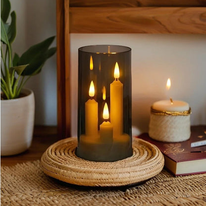 LED Candle with Triple Wicks | Glass-Enclosed Flickering Flame Effect | Battery-Powered, Flameless Candle | Safe and Authentic | Warm White Light