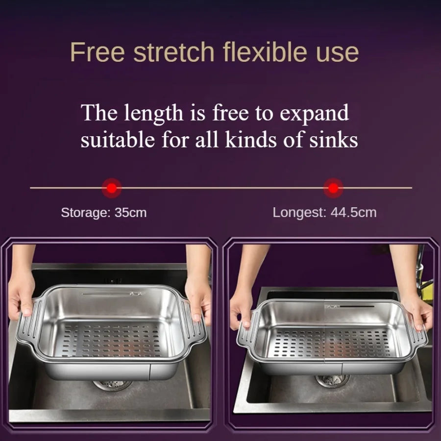 Adjustable Stainless Steel Telescopic Strainer for Sink & Fruit - Draining Functions
