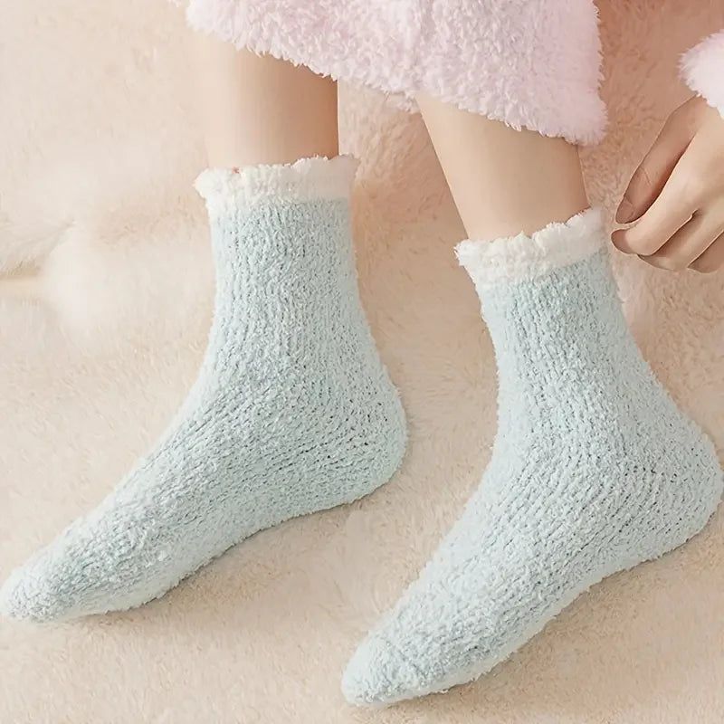 5 Pairs of Women's Winter Cozy Socks | Thick Coral Fleece | Mid-High, Warm & Soft Solid Color House Socks