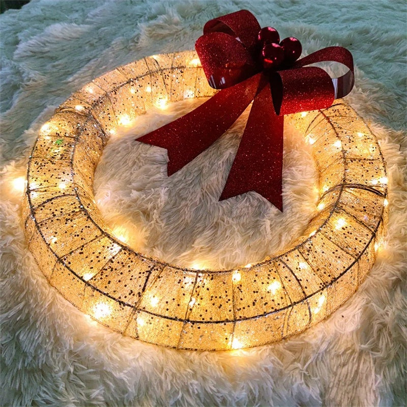 50cm LED-Enhanced Handmade Christmas Wreath in Gold and Green