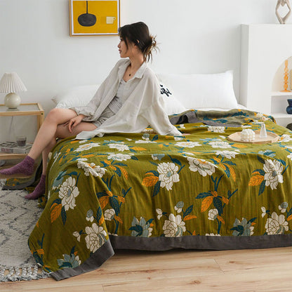 Printed Cotton Blanket with Olive Blossom Design
