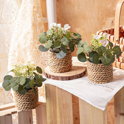 Mini Artificial Eucalyptus with Flowers | 11 cm | Includes Woven Basket | Easy-Care Indoor Decoration