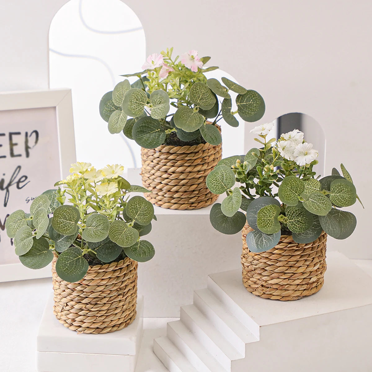 Mini Artificial Eucalyptus with Flowers | 11 cm | Includes Woven Basket | Easy-Care Indoor Decoration