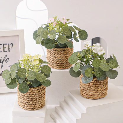 Mini Artificial Eucalyptus with Flowers | 11 cm | Includes Woven Basket | Easy-Care Indoor Decoration