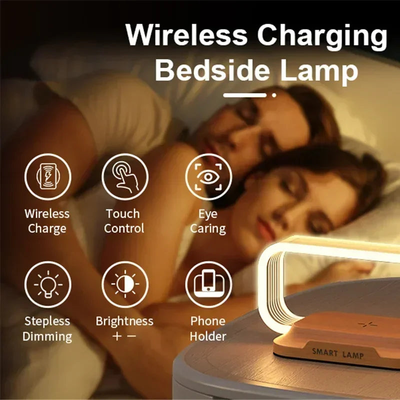 LED Desk Lamp with Wireless Charging and Touch Control – Dimmable, Wood Finish