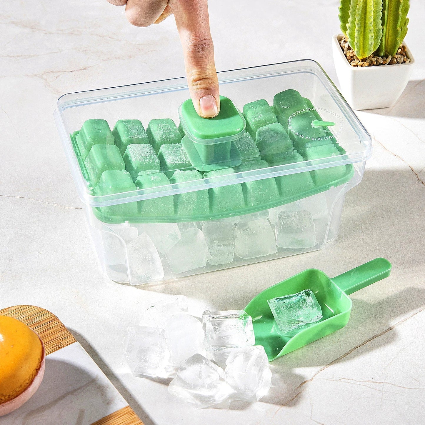 Ice Cube Tray with Lid and Container | 68 Ice Cubes | Pressure System | BPA-Free PP