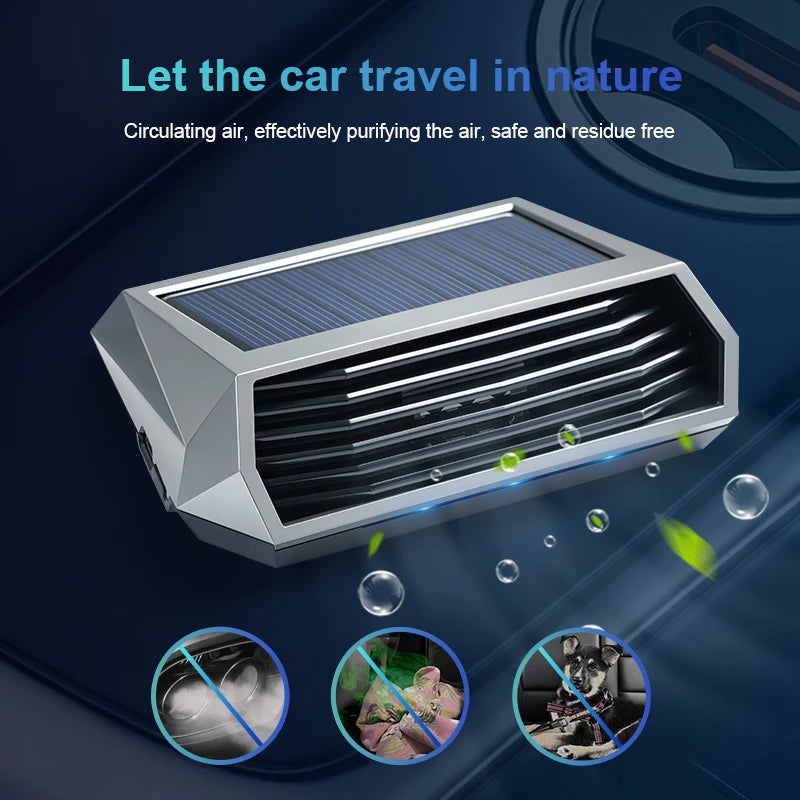 Solar-Powered Car Air Purifier | Negative Ion Generator with Vibration Sensor | USB Charging and Odor Neutralizer