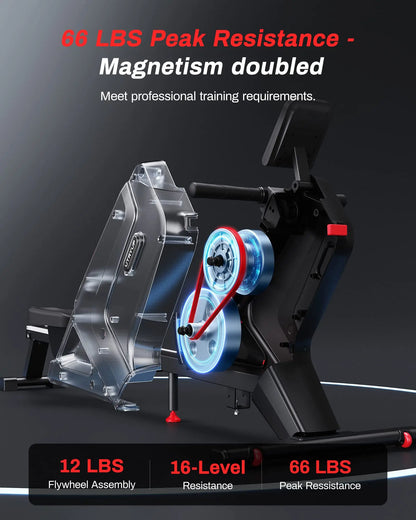 Magnetic Rowing Machine with 16 Resistance Settings | 12 lb Flywheel, Bluetooth LCD, 350 lb Weight Capacity & Compact Design