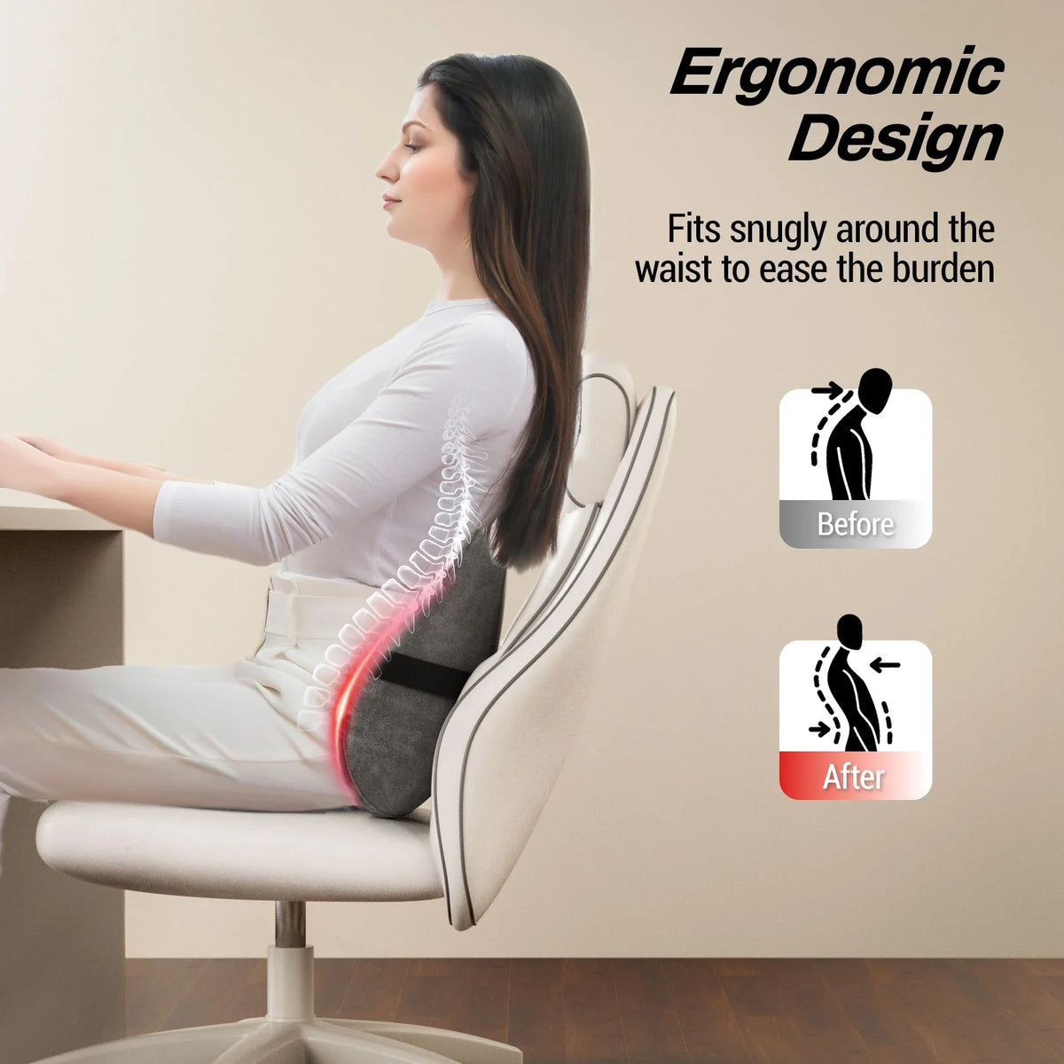 Shiatsu Lumbar Support Pillow with Heat – Memory Foam Back Cushion, 4 Rotating Nodes, Reversible & Washable Cover
