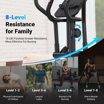 Elliptical Trainer with 18.5-Inch Stride | 8 Resistance Settings, LCD Display, Heart Rate Monitors, 400 lb Weight Limit & Self-Powered Operation