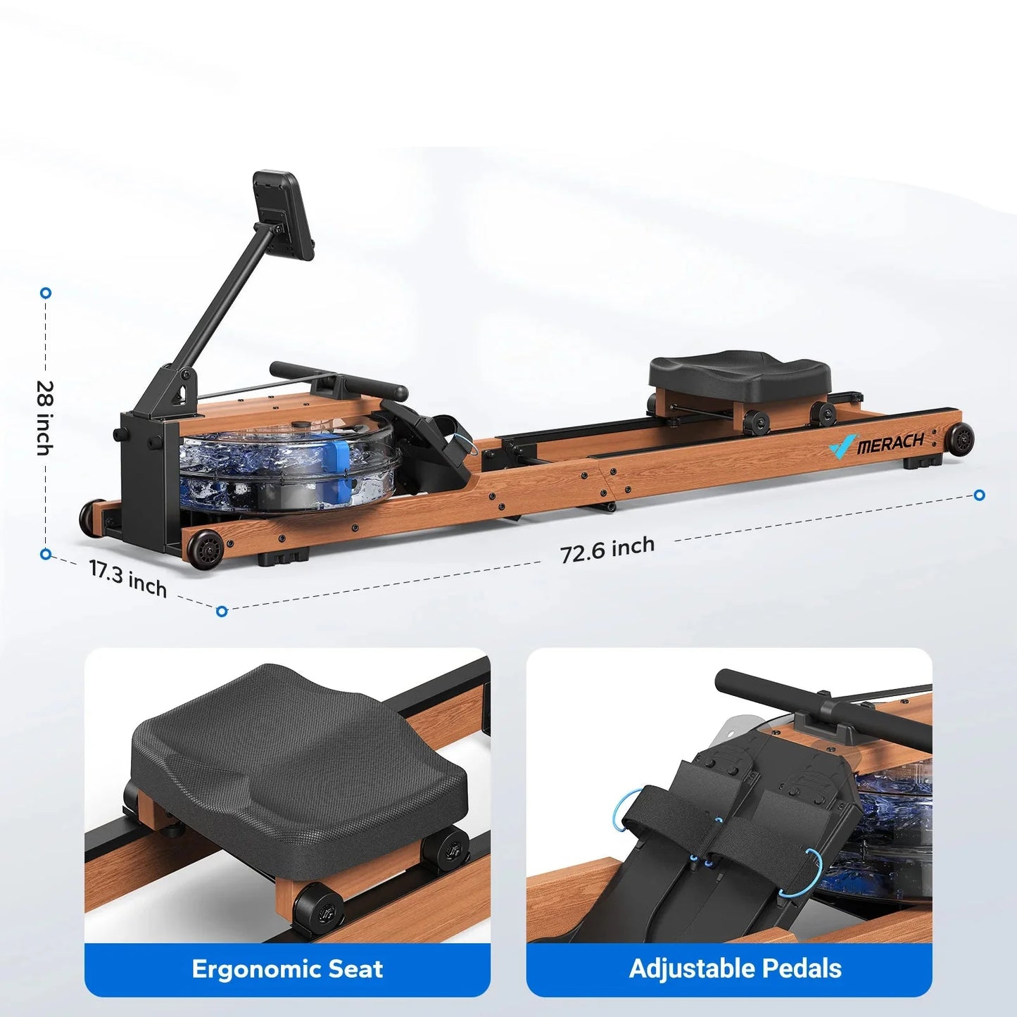 Compact Wooden Water Rowing Machine | Bluetooth App, Workout Monitor, 400 lb Capacity