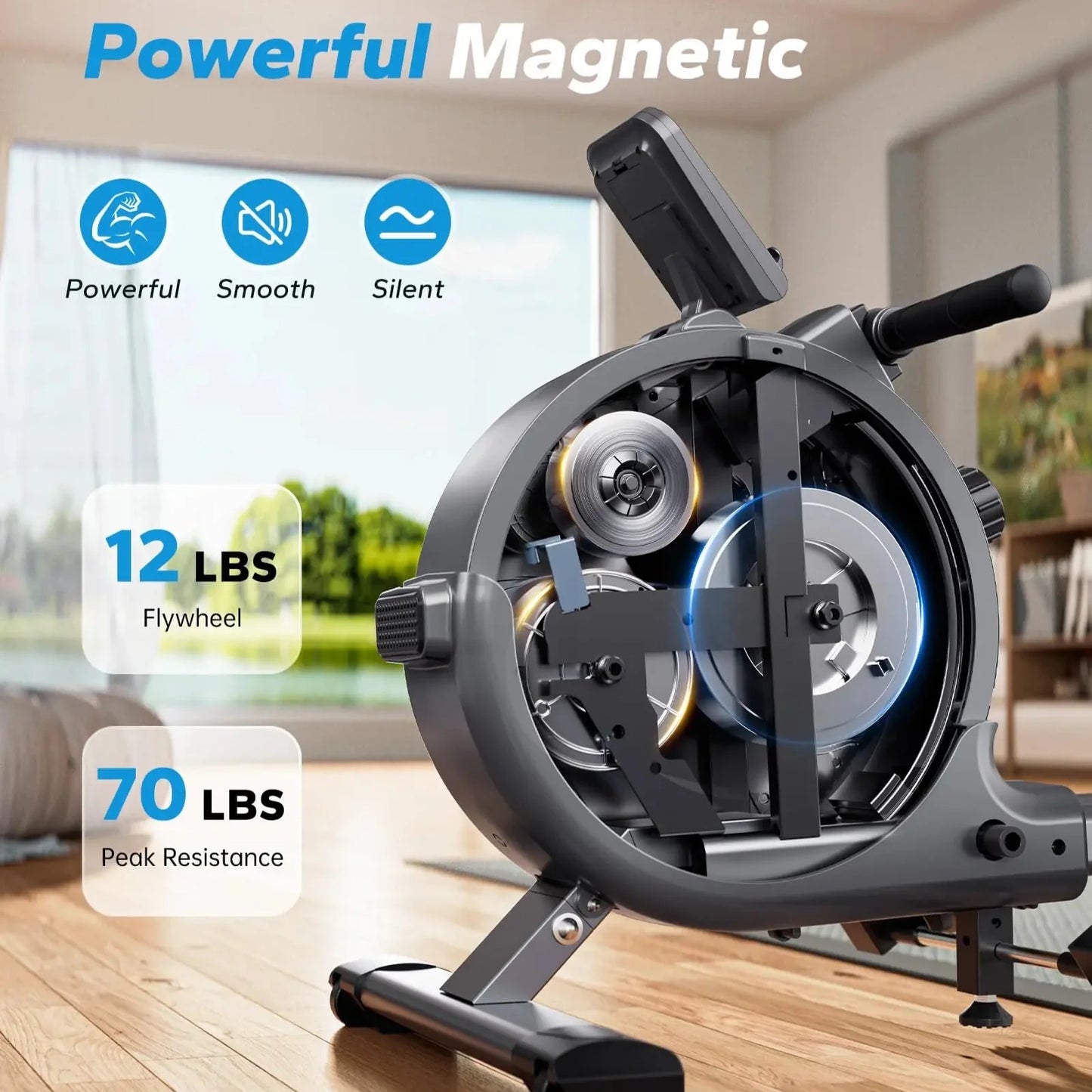 Compact Dual-Rail Rowing Machine with App Tracking – 350 LB Capacity