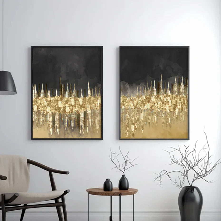 Stunning Urban Skyline Abstract Art on Black Canvas