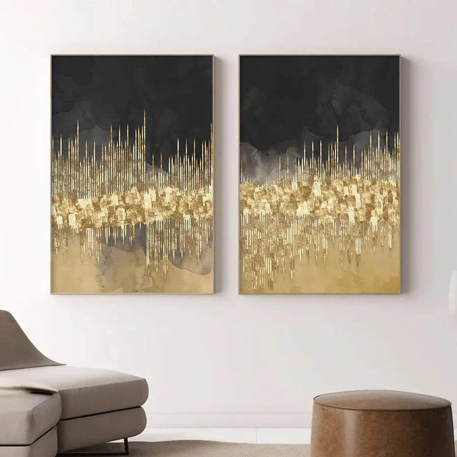 Stunning Urban Skyline Abstract Art on Black Canvas