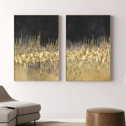 Stunning Urban Skyline Abstract Art on Black Canvas
