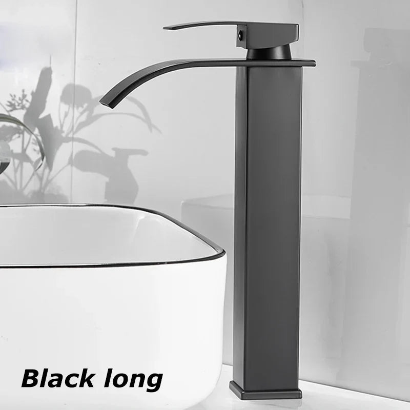 Black Matte Stainless Steel Sink Faucet with Waterfall Design for Modern Bathrooms