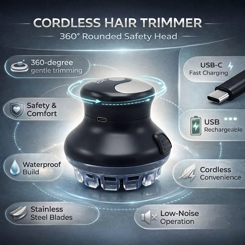 Rechargeable Low Noise Hair Trimmer for Men – Cordless Design with Rounded Head