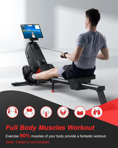 Magnetic Rowing Machine with 16 Resistance Settings | 12 lb Flywheel, Bluetooth LCD, 350 lb Weight Capacity & Compact Design