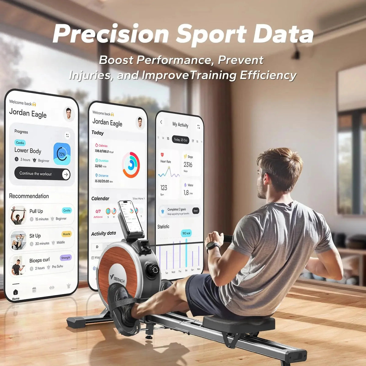 Compact Dual-Rail Rowing Machine with App Tracking – 350 LB Capacity