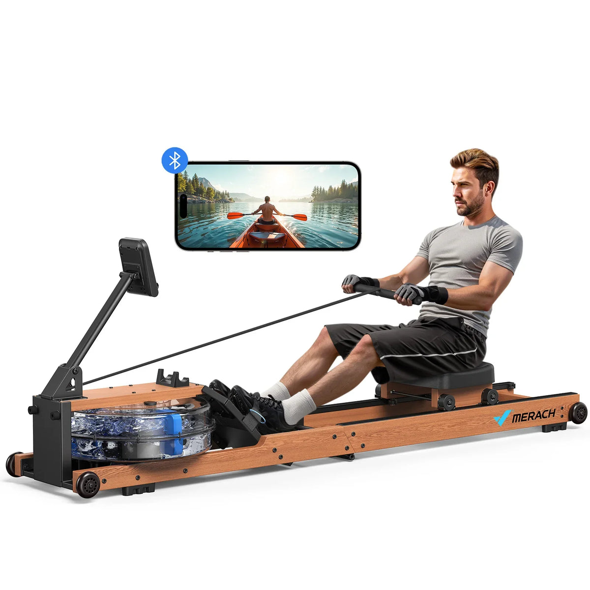Compact Wooden Water Rowing Machine | Bluetooth App, Workout Monitor, 400 lb Capacity