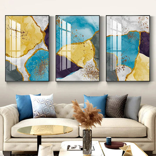 Elegant Blue and Yellow Marble Canvas Artwork for Modern Spaces