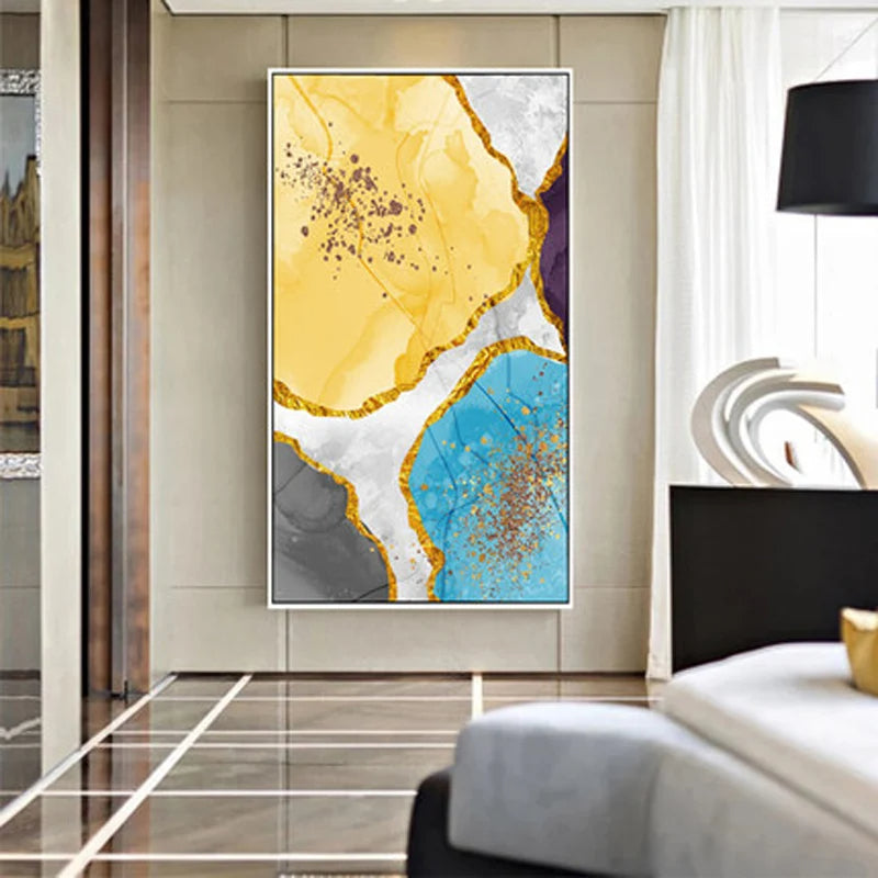 Elegant Blue and Yellow Marble Canvas Artwork for Modern Spaces