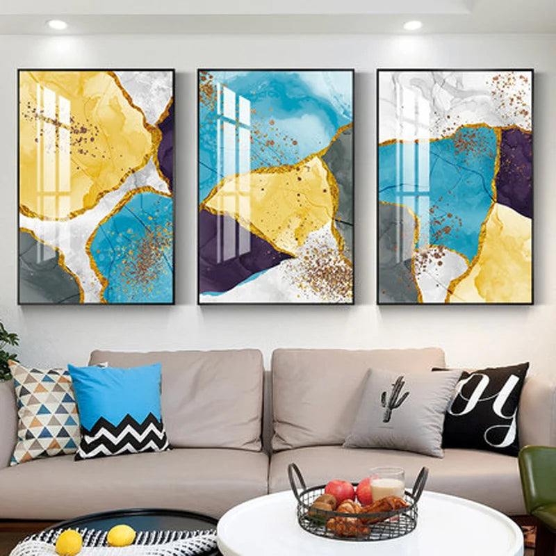 Elegant Blue and Yellow Marble Canvas Artwork for Modern Spaces