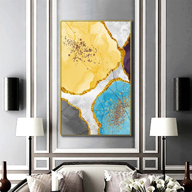 Elegant Blue and Yellow Marble Canvas Artwork for Modern Spaces