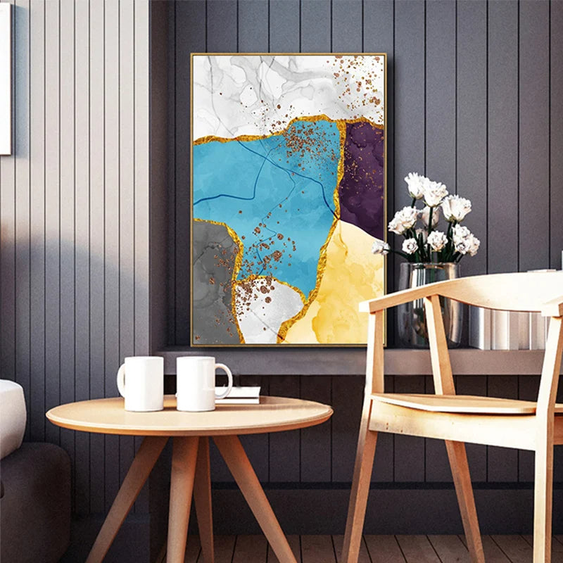 Elegant Blue and Yellow Marble Canvas Artwork for Modern Spaces