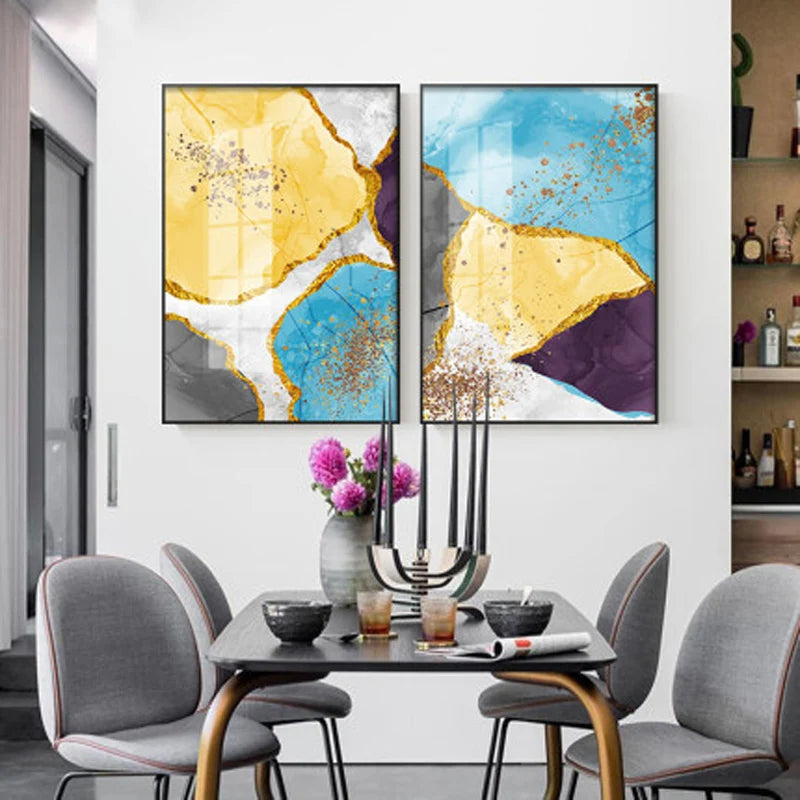 Elegant Blue and Yellow Marble Canvas Artwork for Modern Spaces