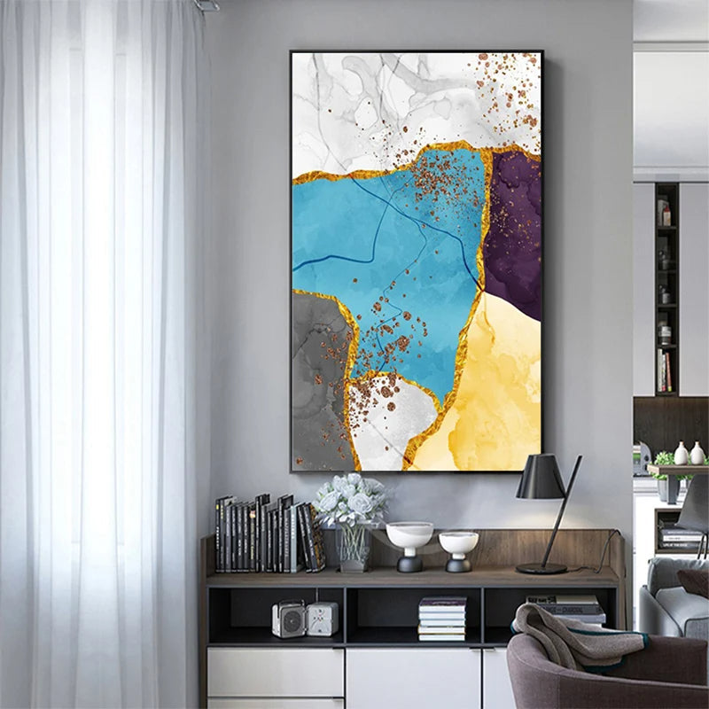 Elegant Blue and Yellow Marble Canvas Artwork for Modern Spaces