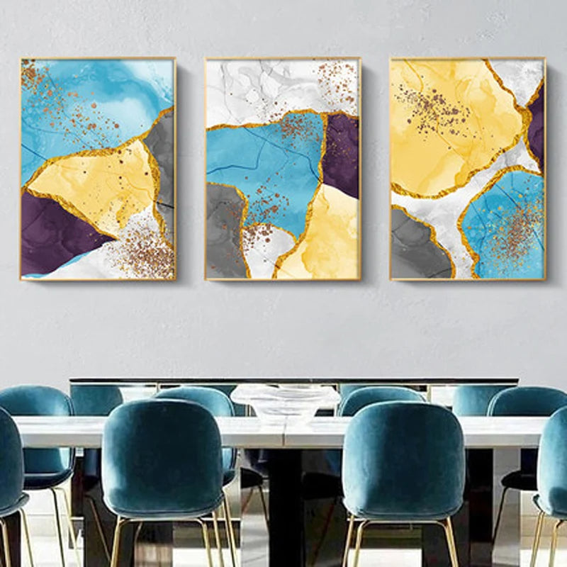 Elegant Blue and Yellow Marble Canvas Artwork for Modern Spaces