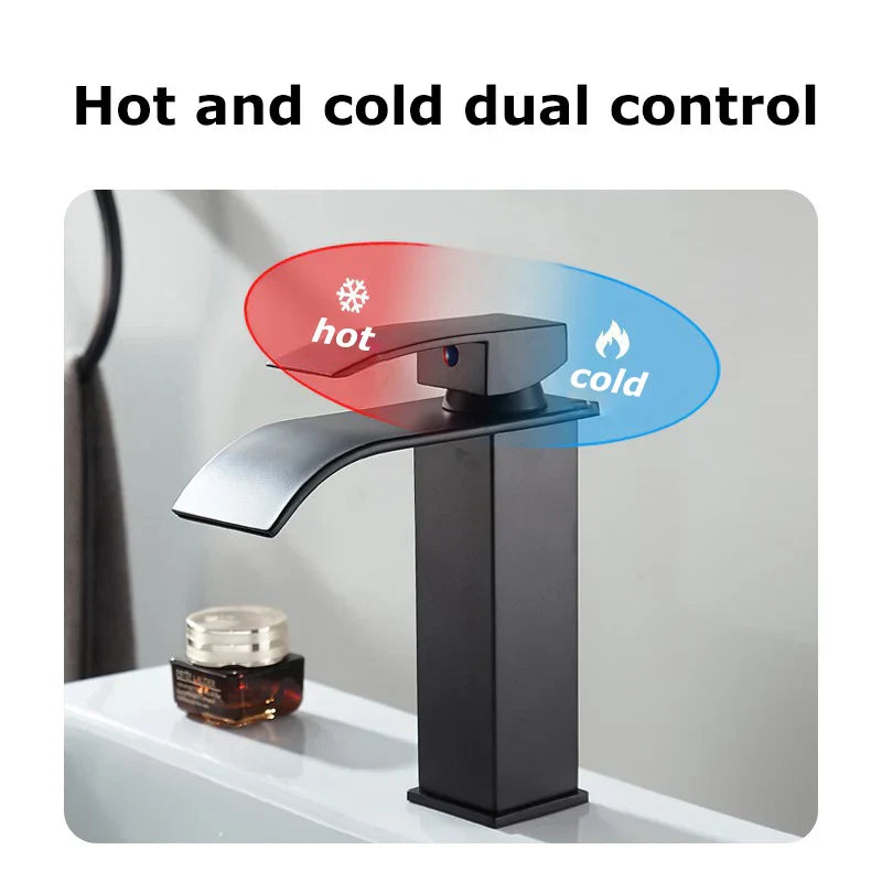 Black Matte Stainless Steel Sink Faucet with Waterfall Design for Modern Bathrooms