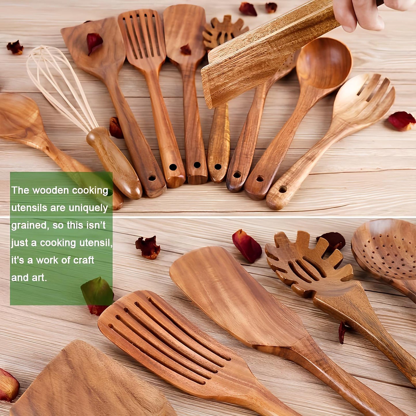 11-Piece Teak Kitchen Utensil Set with Holder – Natural Finish
