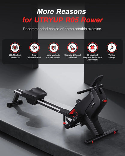 Magnetic Rowing Machine with 16 Resistance Settings | 12 lb Flywheel, Bluetooth LCD, 350 lb Weight Capacity & Compact Design