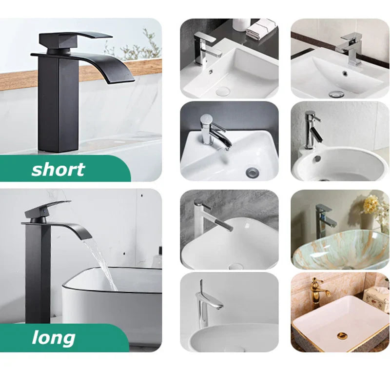 Black Matte Stainless Steel Sink Faucet with Waterfall Design for Modern Bathrooms